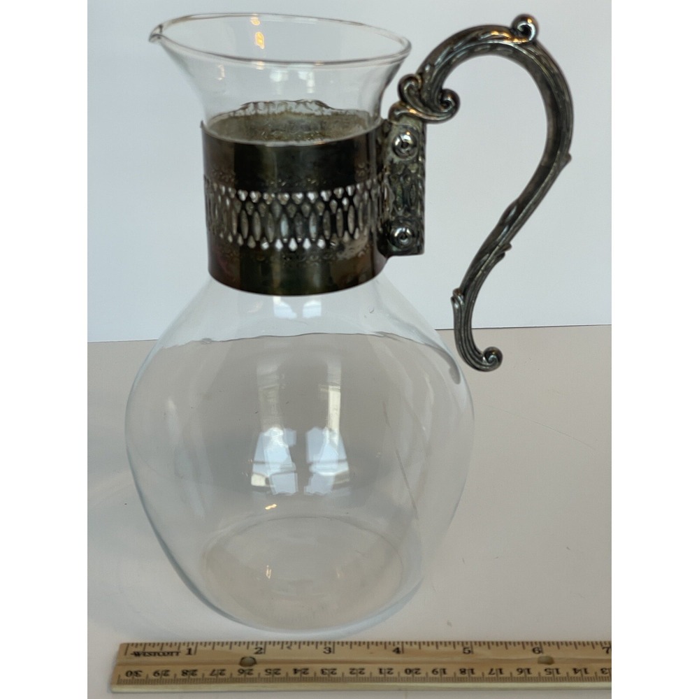 Vintage Glass Silver Plate Carafe F B Rogers Pewter Victorian Style 8 1/2" Tall